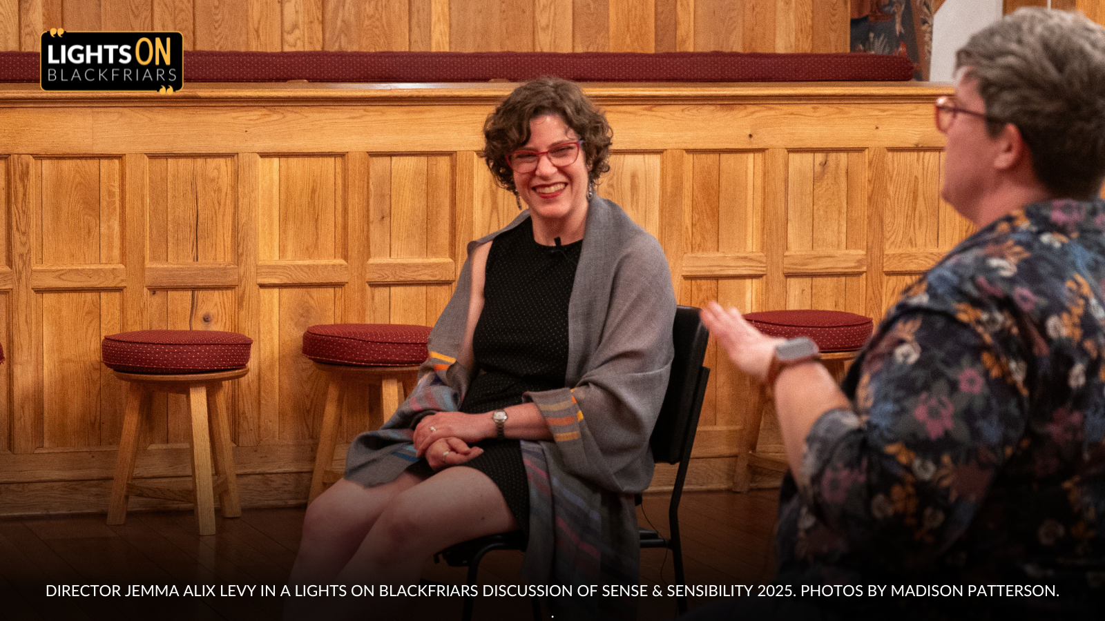 Director Jemma Alix Levy in a Lights ON Blackfriars discussion of Sense & Sensibility 2025. Photos by Madison Patterson.