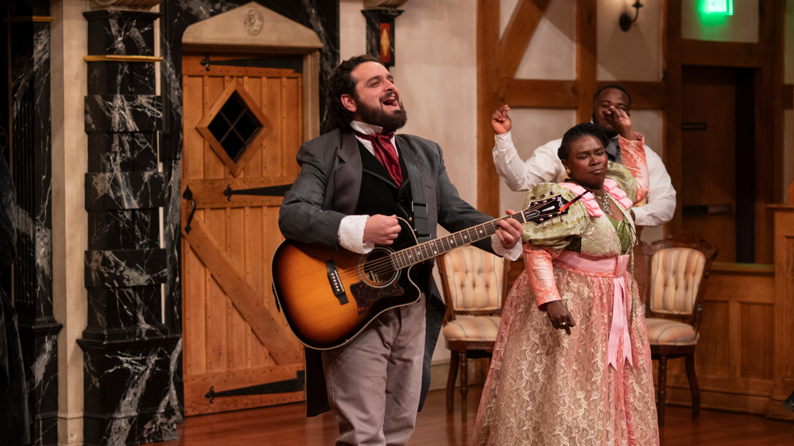 Jordan Friend, Raven Lorraine, and Komi M. Gbeblewou perform music at intermission in ASC's Sense & Sensibility, 2025. Photo by Alaina Shefelton.