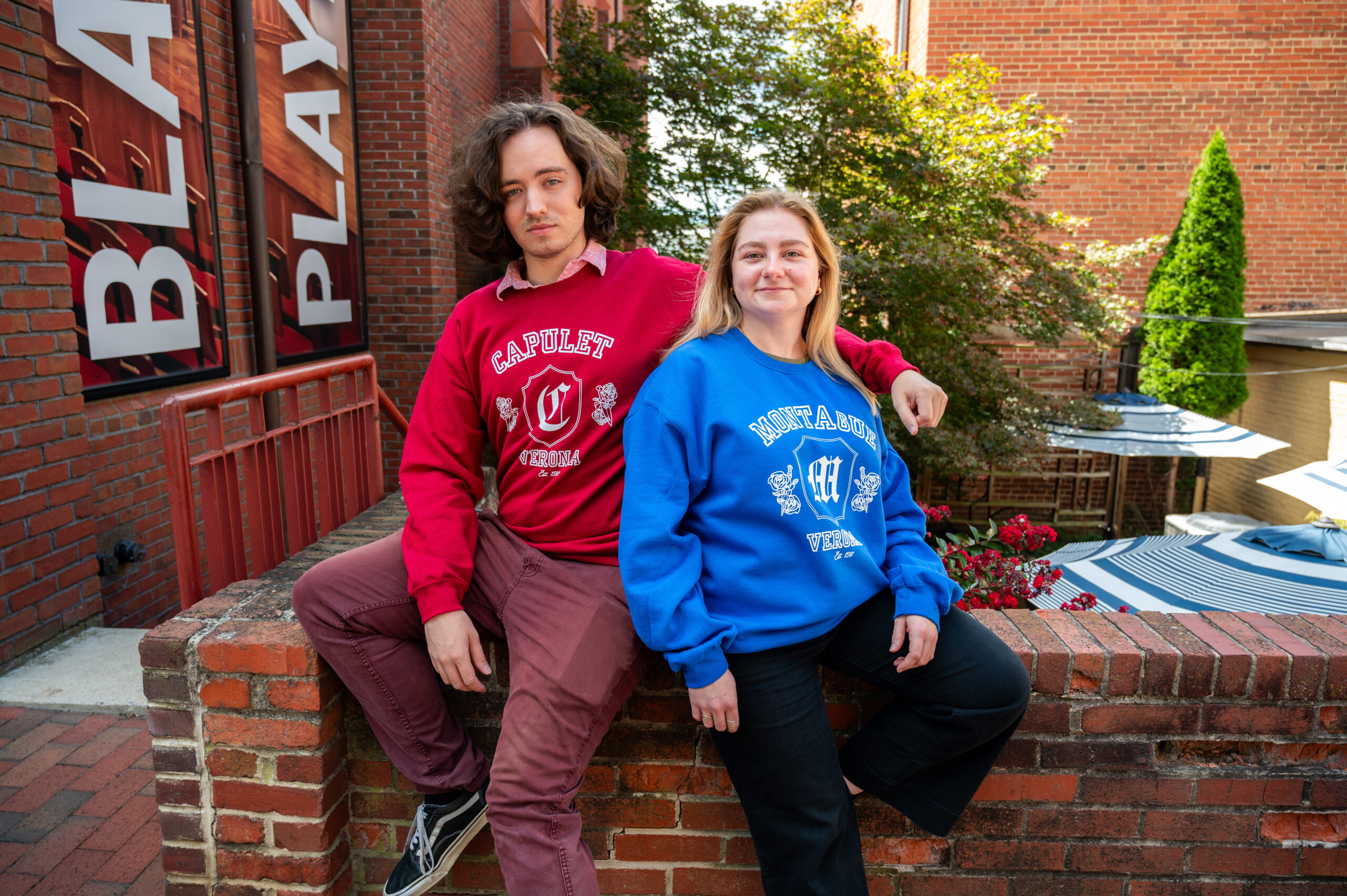 these varsity crewnecks let you pick a side: Capulets red or Montagues blue. Pair with your Y2K fit or your coziest Sunday. Inspired by the ASC’s 2025 Romeo & Juliet. Soft fleece, unisex fit. Available at the Blackfriars Gift Shop and online.