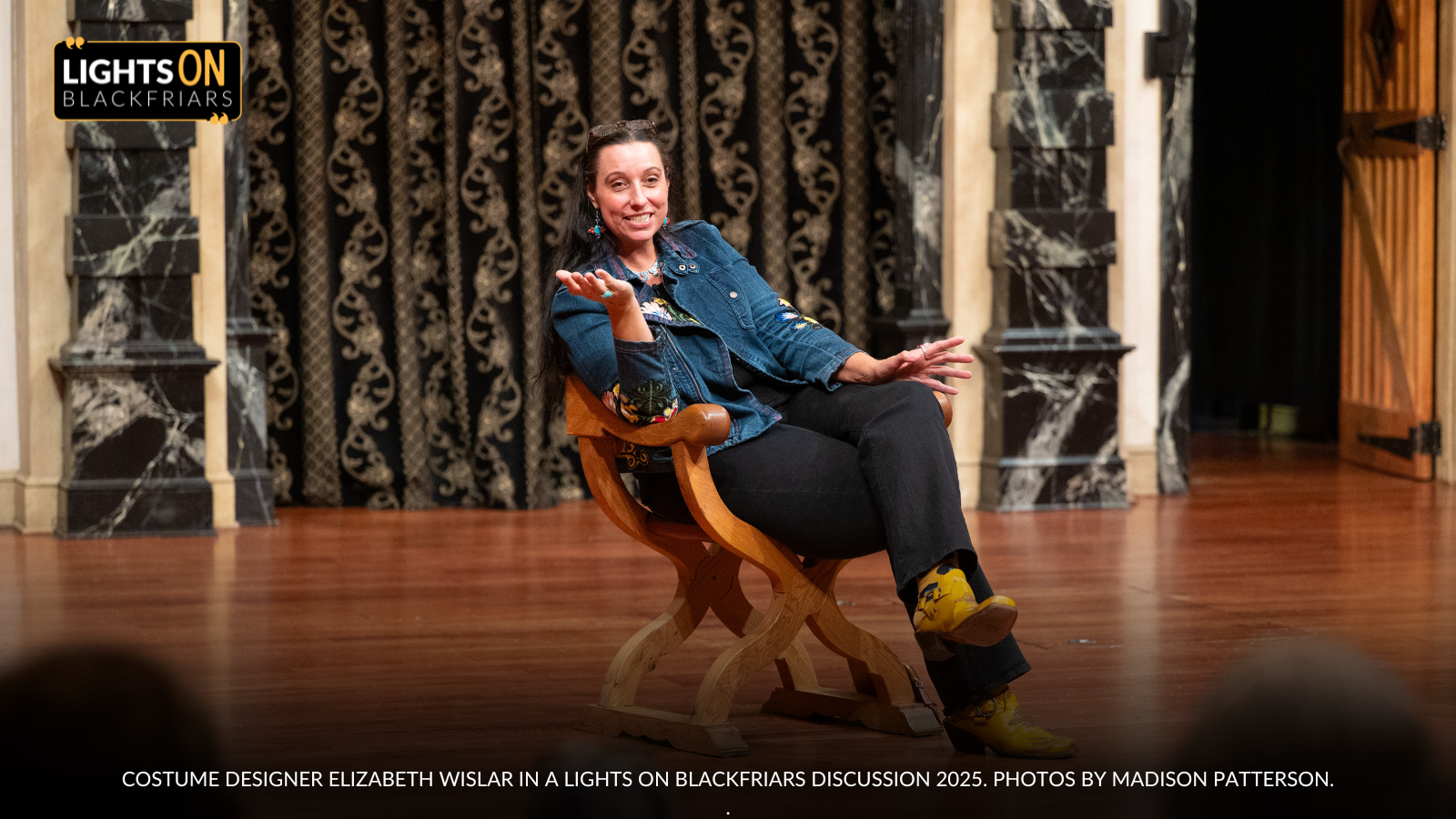 Costume Designer Elizabeth Wislar in a Lights ON Blackfriars discussion 2025. Photos by Madison Patterson. Costume Designer Elizabeth Wislar in a Lights ON Blackfriars discussion September 5, 2025 at the Blackfriars Playhouse in Staunton, Virginia. Photos by Madison Patterson.