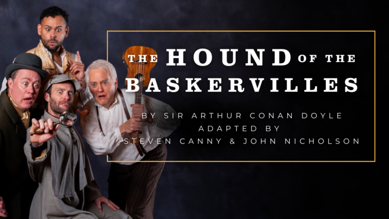 The Cast & Foley Artist for The Hound of the Baskervilles 2026 sit next to the title text. Photo by Madison Patterson.