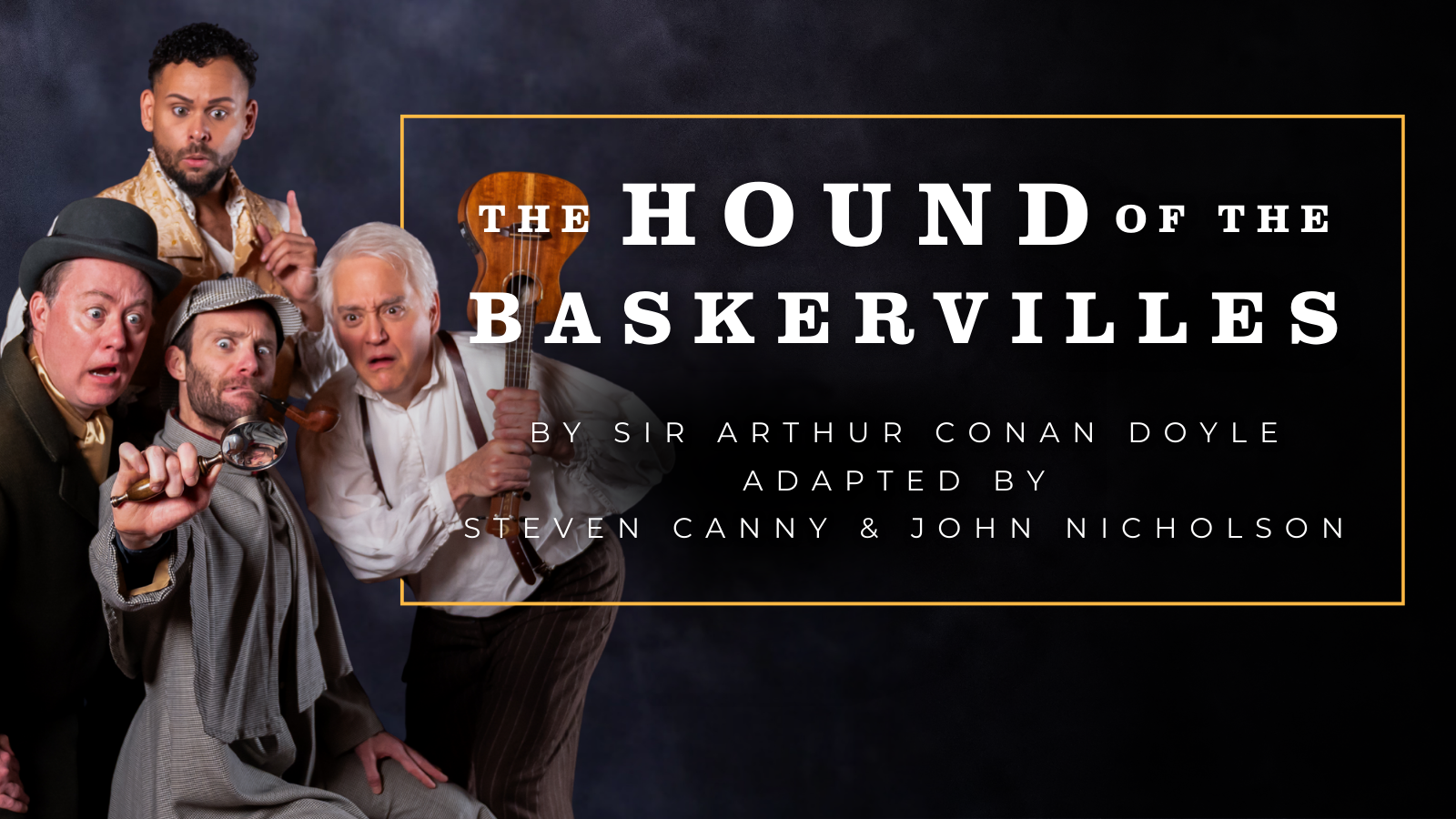The Cast & Foley Artist for The Hound of the Baskervilles 2026 sit next to the title text. Photo by Madison Patterson.