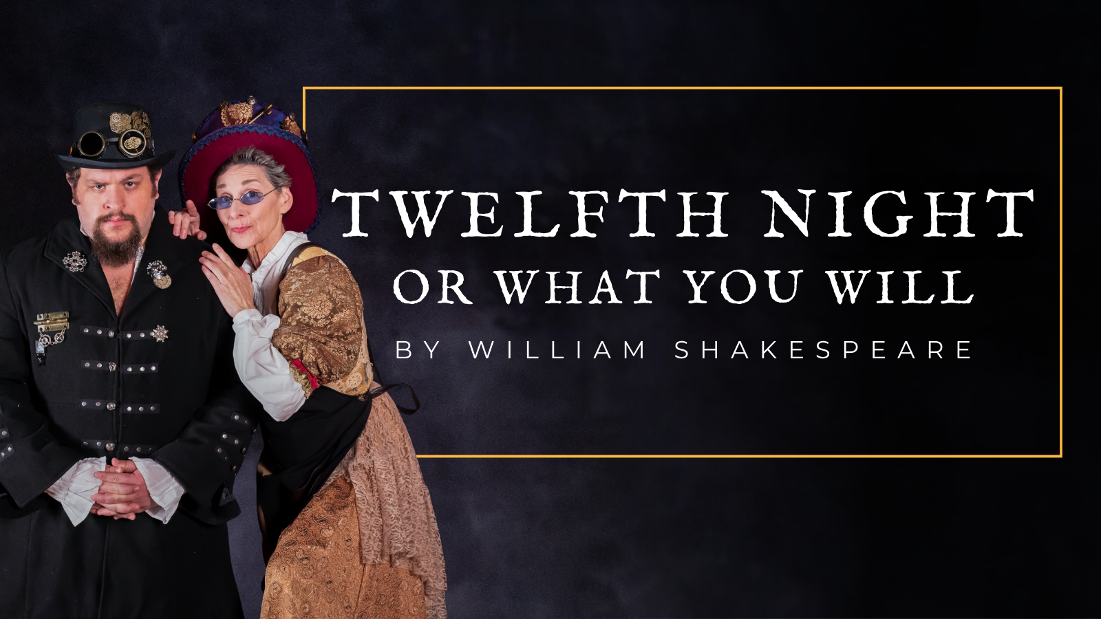 Blake Henri and Angela Iannone in costume for Twelfth Night 2026 sit next to the title text. Photo by Madison Patterson.