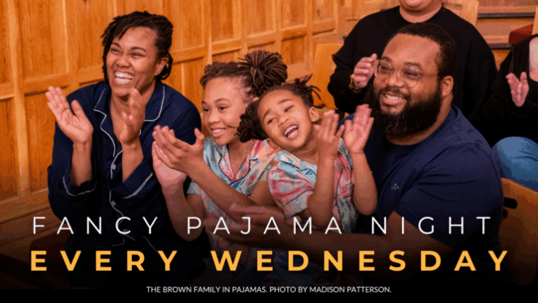 Fancy Pajama night Every Wednesday during A Christmas Carol | Graphic featuring The Brown Family inside of the Blackfriars Playhouse in downtown Staunton.