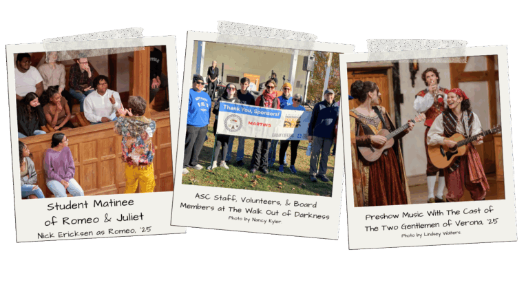Graphic of 3 Polaroid Moments at the American Shakespeare Center. Photos have captions that read as such: Phto 1: "Student Matinee of Romeo & Juliet Nick Ericksen as Romeo, ‘25". Photo 2: "ASC Staff, Volunteers, & Board Members at The Walk Out of Darkness Photo by Nancy Kyler.". Photo 3: "Preshow Music With The Cast of The Two Gentlemen of Verona, ‘25 Photo by Lindsey Walters. ". All photos by Madison Patterson unless otherwise noted.