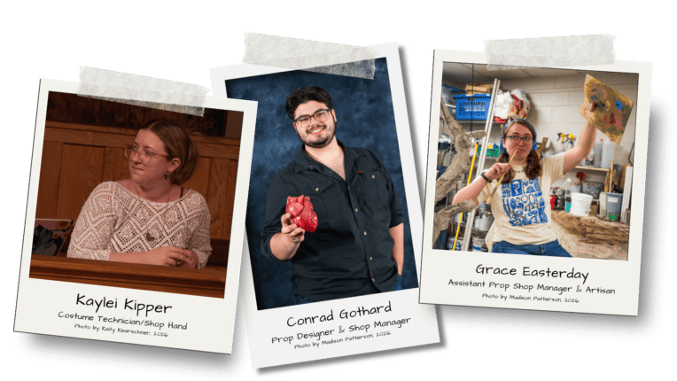 Collage highlighting ASC costume and props artisans. Photos show Costume Technician and Shop Hand Kaylei Kipper, Prop Designer and Shop Manager Conrad Gothard holding a red anatomical heart prop, and Assistant Prop Shop Manager and Artisan Grace Easterday working in the prop shop with a paint palette and brush.